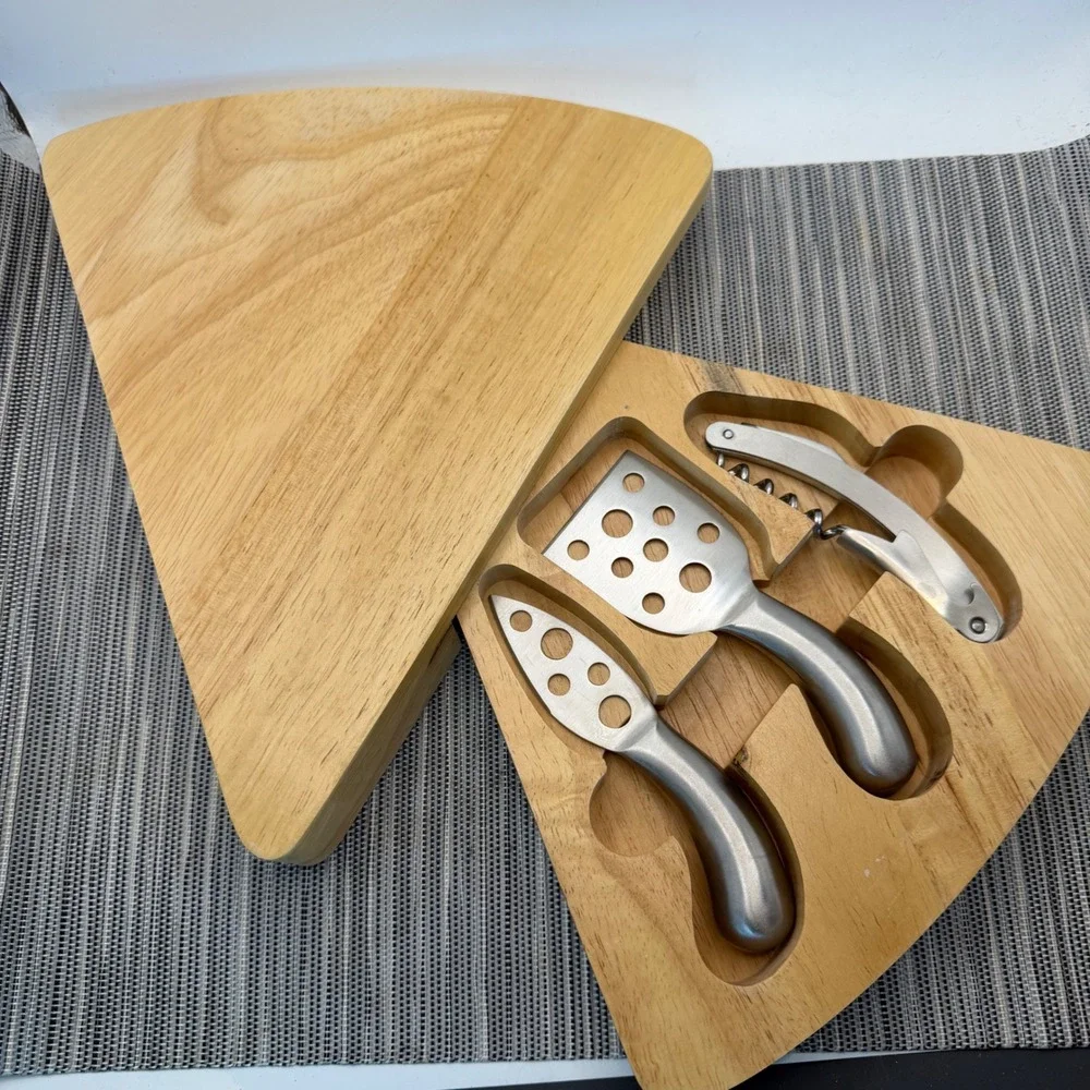 Wooden Cheese Board Set with 3 Stainless Steel Tools Wedge Shaped Serving Tray
